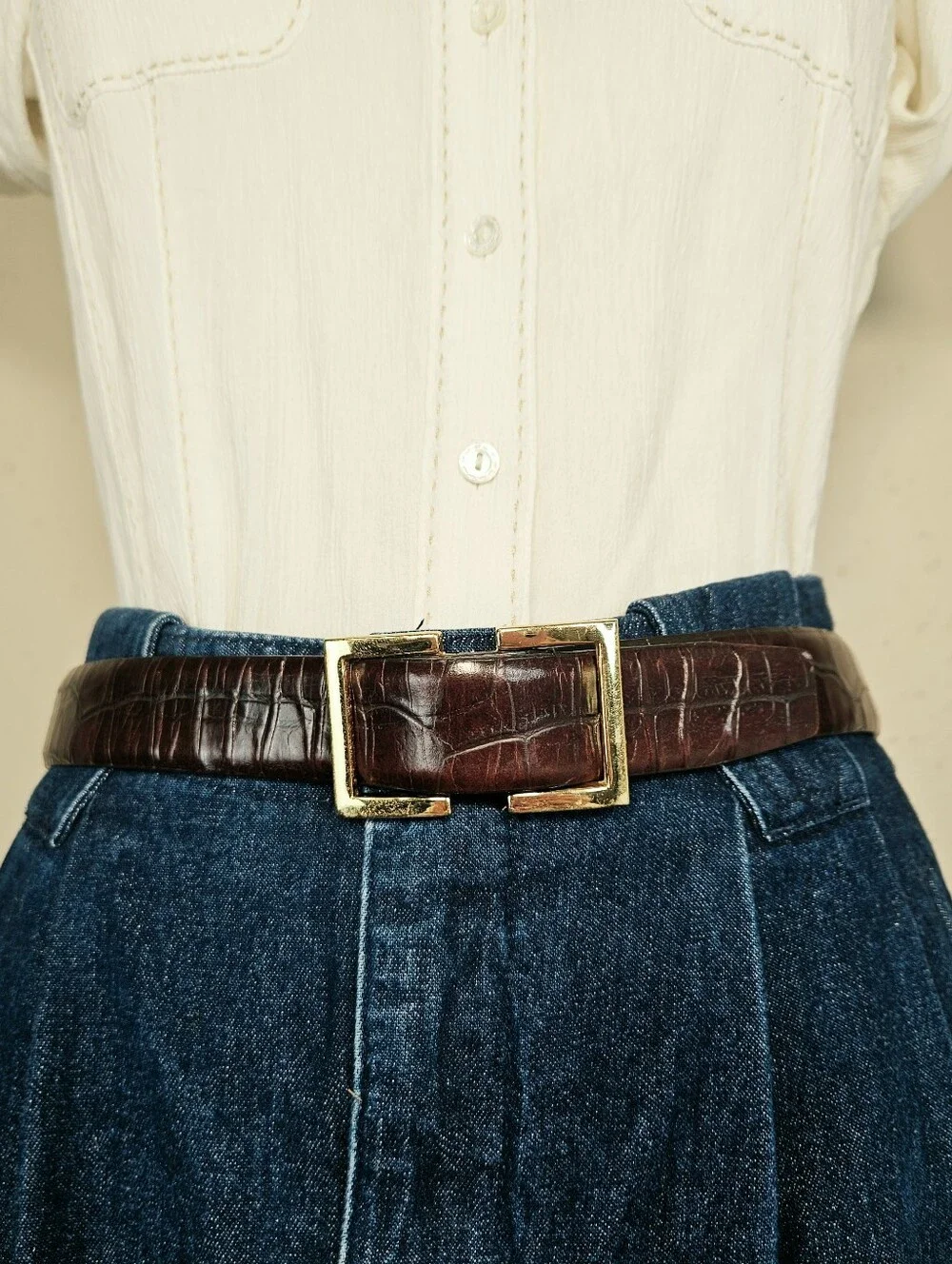 Ellen Tracy Italian Leather Croc Embossed Belt Brown Gold Slide Buckle S